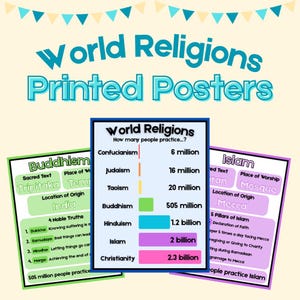 May include: A set of educational posters titled "World Religions Printed Posters." The posters display information on various religions, including Buddhism, Islam, and Christianity. Each poster features key facts, such as the number of practitioners and core beliefs.