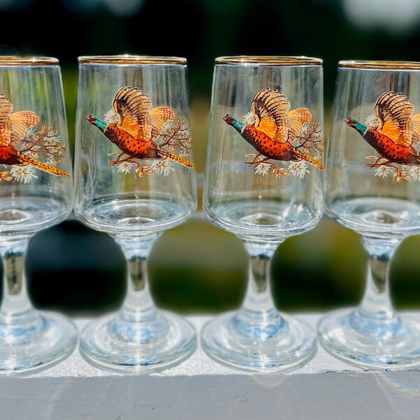 Vintage set of 4, gold rimmed Libby pheasant printed 3 oz glasses