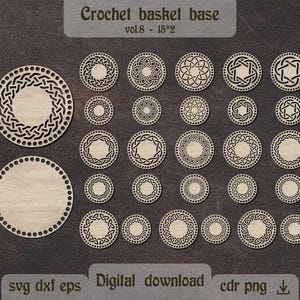 Peut inclure: Une collection de bases de panier au crochet en bois circulaires avec des motifs de nœuds découpés au laser et des trous sur le pourtour pour la couture. L'image contient le texte Crochet basket base vol.8 - 15*2 et Digital download svg dxf eps cdr png.