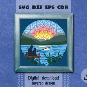 Fishing on mountain lake svg Layered mandala svg Fishing shadow box svg Lake life svg Father&#39;s Day gift Layered Mountains shadow box svg