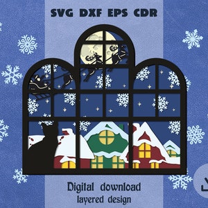 Christmas Night window shadow box svg Christmas town svg Layered Christmas village svg Layered mandala svg Santa Claus with Reindeer svg