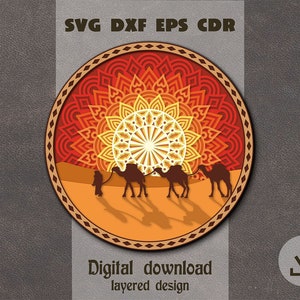 Svg mandala coucher de soleil dans le désert en couches Svg coucher de soleil en couches chameau svg caravane de chameaux svg Afrique shadow box svg Cricut maker svg mandala en couches svg