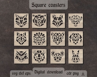 Polygonal animal coasters svg Geometric coasters Laser cut Glowforge svg Geometric animal decor Wood Square coasters dxf Grill trivets dxf