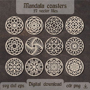 27 Sottobicchieri rotondi Mandala in formato SVG Mandala Wall Decor dxf Cerchio Mandala in formato SVG Glowforge in formato SVG Mandala taglio laser Grill sottopentola in formato SVG Regalo per la festa della mamma