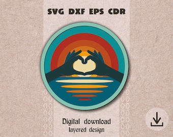 Retro sunset layered mandala svg Heart with hands svg Layered sunset svg Sunset shadow box svg Cricut svg Beach life svg Love svg Ocean view