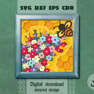 Honey bee with flowers svg Layered honeycomb svg Blooming meadow svg Layered blossom Cricut svg Layered summer svg Honey Bee shadow box svg