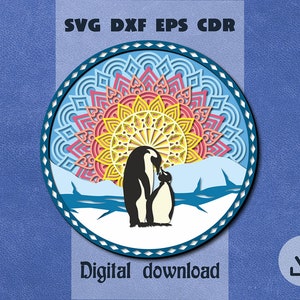 Layered penguin family svg Penguin mandala svg Layered mandala svg Cricut maker svg Penguin shadow box svg Penguin baby with parent svg