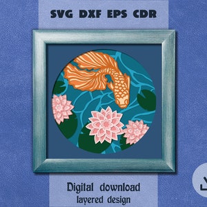Layered fish in pond with lotus svg Water lily svg Golden koi fish svg Layered Goldfish svg Layered flower Pond Shadow box svg Cricut Maker