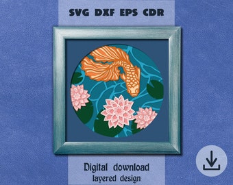 Layered fish in pond with lotus svg Water lily svg Golden koi fish svg Layered Goldfish svg Layered flower Pond Shadow box svg Cricut Maker