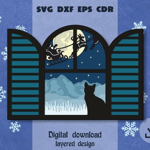 Fenêtre nuit de Noël avec vue sur la montagne svg Chat Noël fenêtre svg Noël mandala en couches svg père Noël boîte d'ombre svg renne svg