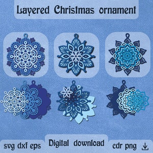 Enfeite de Natal em camadas svg Mandala em camadas svg Enfeite de Natal cortado a laser 3d decoração de Natal dxf Flocos de neve em camadas svg Cricut maker