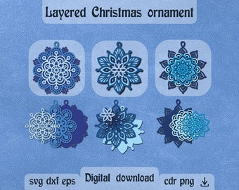 Layered Christmas ornament svg Layered mandala svg Christmas ornament laser cut 3d Christmas decor dxf Layered snowflakes svg Cricut maker