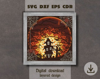 May include: A digital download of a layered design for a Halloween-themed papercraft project. The design features a haunted house, a full moon, spiderwebs, and a mandala pattern.