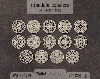 14 Round Mandala coasters svg Mandala wall decor dxf Circle Mandala svg Glowforge svg Mandala laser cut Grill trivets svg Wooden coaster dxf