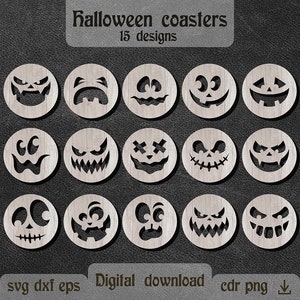 Halloween coasters svg Pumpkin face svg Ghost face svg Halloween wood decor dxf Glowforge svg Halloween svg laser cut Spooky season svg