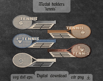 May include: Four wooden medal holders shaped like tennis rackets with the word "TENNIS" written on them. The holders are in different colors: gray, blue, brown, and copper.