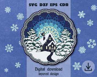 May include: A digital download of a layered design featuring a winter scene with a house, trees, and a mandala. The design is in shades of blue, white, and green.