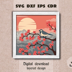 Caja de sombras de flor de cerezo en capas SVG. Sakura en capas SVG. Flor de cerezo y pájaro SVG. Amanecer de montaña en capas SVG. Vista de Japón. Árbol de flores SVG.
