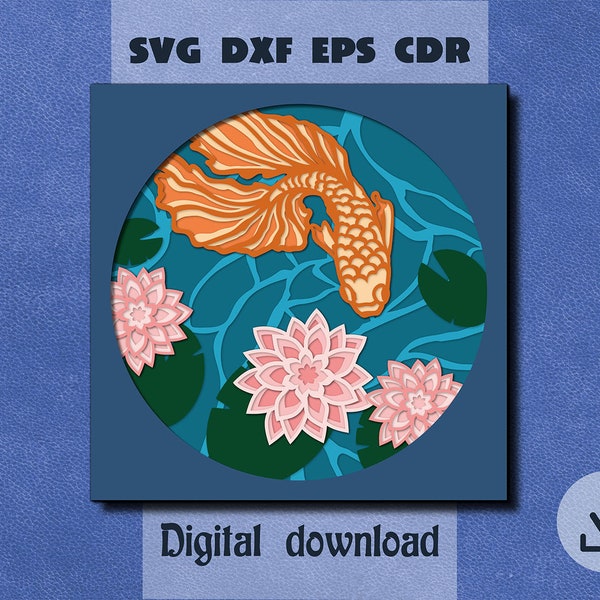 Layered fish in the pond with lotus svg Water lily svg Golden koi fish svg Goldfish layered svg Shadow box svg Cricut project Layered flower