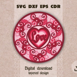 Layered heart mandala svg Floral mandala svg Layered love svg Layered heart svg Cricut Valentine day svg Heart shadow box svg Round mandala