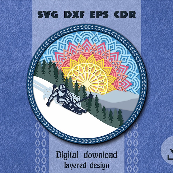 Skiing layered mandala svg Winter sport shadow box svg Sunrise Mountain landscape svg Layered mountains svg Gift for skier svg Ski svg Skier Skiing layered mandala svg Winter sport shadow box svg Sunrise Mountain landscape svg Layered mountains svg Gift for skier svg Ski svg Skier