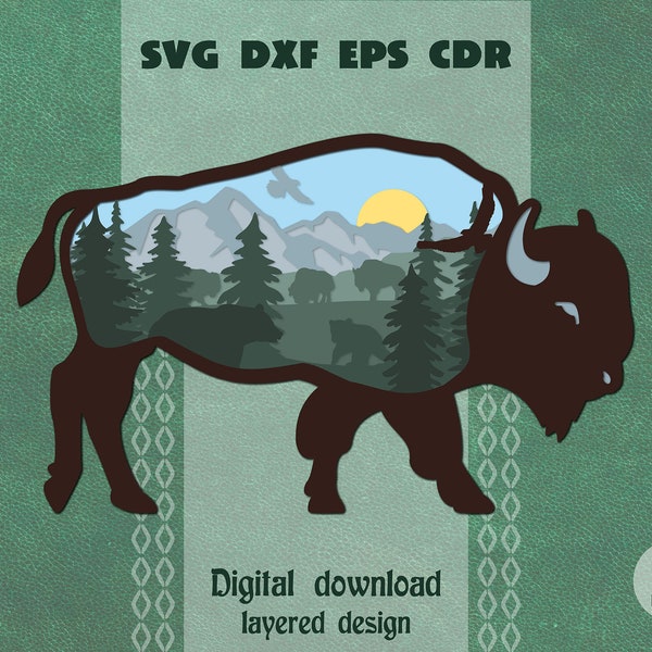 Layered Bison svg Buffalo laser cut Layered mountains svg 3d bison svg Layered mandala svg Bear svg Mountain scene svg Buffalo shadow box