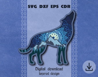 Layered Wolf mandala svg Mountain moonlight svg Layered mandala svg Howling wolf svg Wolf shadow box svg Cricut project Wild animal mandala