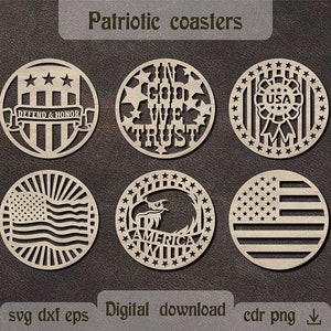 Sottobicchieri patriottici USA dxf 4 luglio svg Sottobicchieri patriottici svg Giorno dell'Indipendenza svg Sottobicchieri in legno file tagliati al laser Aquila americana svg