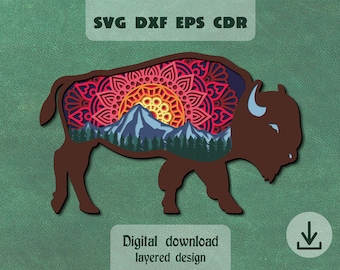 Layered Bison mandala svg Layered mountain sunset American Buffalo svg National Park svg Yellowstone svg Buffalo shadow box svg Cricut Maker