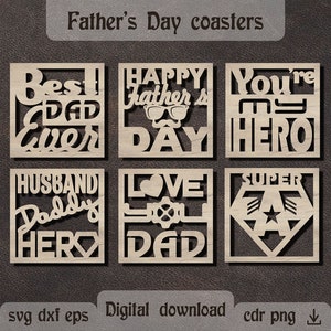 Porta-copos para o Dia dos Pais svg Porta-copos quadrados com corte a laser Trivets para grelha svg Glowforge svg Presente para o pai svg Porta-copos de madeira dxf Presente para o Dia dos Pais