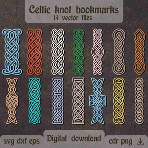 May include: A set of 14 Celtic knot bookmark designs in various colors. The designs are intricate and detailed, and they would make a great addition to any book lover's collection.  The text "Celtic knot bookmarks" and "14 vector files" is at the top of the image. The text "svg dxf eps Digital download cdr png" is at the bottom of the image.