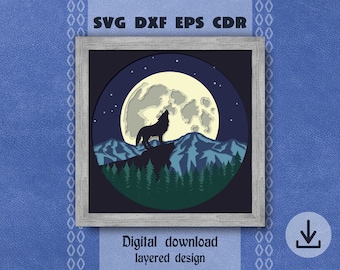 Op de afbeelding: Een digitale download van een gelaagd ontwerp met een wolf die huilt naar de maan in een bossetting. Het ontwerp is perfect voor het maken van een gelaagd papierambacht.
