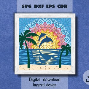 Dolphin Layered mandala svg Tropical beach life svg Layered Ocean sunrise svg  Summer svg Sunshine svg Dolphin shadow box svg Cricut Maker