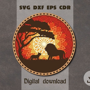 Mandala leone a strati svg Tramonto africano a strati svg Carta da parati a strati Mandala a strati svg File di taglio paesaggio savana Scatola ombra leone svg