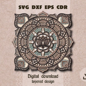 Mandala di loto svg Mandala di fiori di loto svg Loto a strati svg Glowforge svg Cricut maker Scatola delle ombre di loto svg Mandala floreale Joga decor dxf