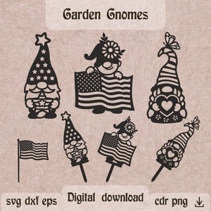 Famille de gnomes patriotique avec drapeau des Etats-Unis svg piquets de jardin svg 4 juillet gnomes dxf Nains de jardin découpés au laser nain mignon svg décoration de jardin dxf