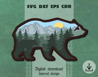 Layered Bear svg Layered Mountains svg 3d Bär svg Layered Mandala svg Bär Laser-Schnitt Mama bär mit Babybär svg Bär Schatten Box svg