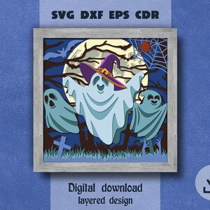 May include: A digital papercraft design featuring three ghosts in a spooky forest setting. The ghosts are white with blue accents and one is wearing a purple witch hat. The design includes a full moon, spider web, and a cross.
