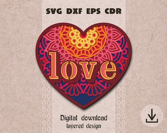 Layered heart mandala svg Valentines Day decor svg Love heart svg 3d Heart shadow box svg Wedding decor dxf Cricut maker svg Love mandala