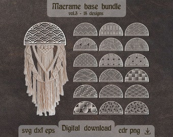 May include: A set of 18 digital download designs for macrame wall hangings. The designs are in the shape of half circles with various geometric patterns. The designs are in black and white and are perfect for creating unique and stylish macrame art.