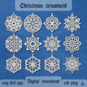 Ornamenti mandala natalizi in formato SVG, fiocchi di neve natalizi in formato SVG, Mandala in formato SVG, ornamenti natalizi in formato SVG, file tagliati al laser, decorazioni per l'albero di Natale in formato DXF, Cricut in formato SVG.