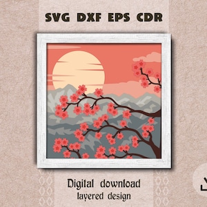Scatola di ombre con fiori di ciliegio a strati svg Sakura a strati svg Ciliegio giapponese in fiore svg Alba di montagna a strati svg Albero con fiori primaverili svg