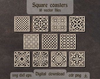 Square geometric coasters svg Wooden coasters laser cut Glowforge svg Decorative panel dxf Partition screen Grill trivets svg Wall decor dxf