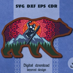 Orso con Snowboarder in formato SVG Orso a strati mandala in formato SVG Montagne a strati in formato SVG 3d orso in formato SVG A strati tramonto Orso scatola d'ombra in formato SVG Mandala a strati in formato SVG