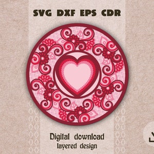 Layered heart mandala svg Floral mandala svg Heart frame svg Layered heart svg Cricut Valentine day svg Heart shadow box svg Round mandala