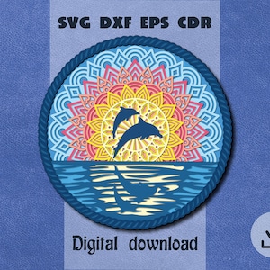 Mandala a strati di delfino svg Alba sulla spiaggia tropicale svg Mandala di delfino svg Vita da spiaggia svg Scatola delle ombre di delfino svg Carta a strati Cricut