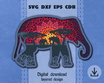 Layered Elephant mandala svg Layered Savannah sunset svg African landscape svg Cricut maker svg Layered papercraft Elephant shadow box svg