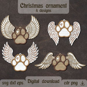 Poot met vleugels svg Huisdier gedenkteken Kerst ornament svg Huisdier verlies ornament laser gesneden Huisdier geheugen ornament dxf Gelaagde gevleugelde pootafdruk svg