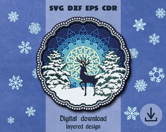 Christmas layered mandala svg Layered Christmas Deer in Winter forest svg Reindeer svg Winter shadow box svg Christmas mandala svg Cricut