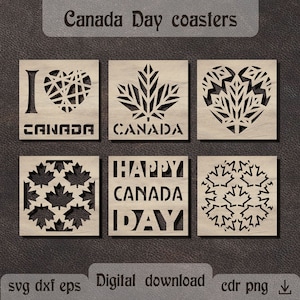 May include: Six wooden coasters with laser cut designs celebrating Canada Day. The designs include a heart with the words "I love Canada", a maple leaf with the word "Canada", a heart with a maple leaf inside, a circle of maple leaves, and two coasters with the words "Happy Canada Day".